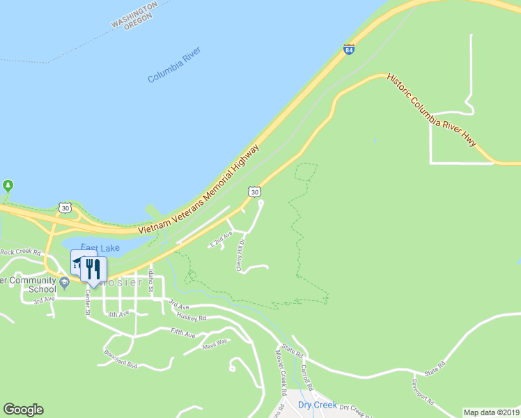 map of restaurants, bars, coffee shops, grocery stores, and more near 106 Cherry Hill Lane in Mosier