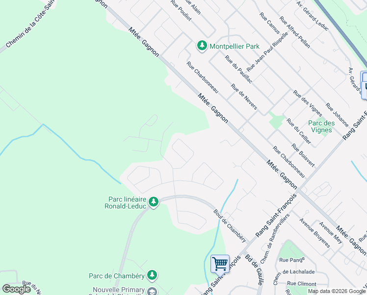 map of restaurants, bars, coffee shops, grocery stores, and more near 27 Rue du Montlevin in Blainville