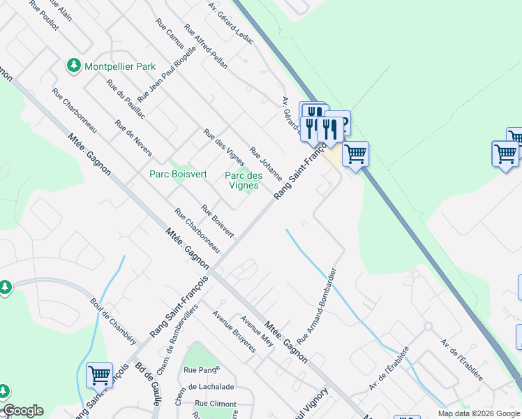 map of restaurants, bars, coffee shops, grocery stores, and more near 1003 Rang Saint-François in Terrebonne