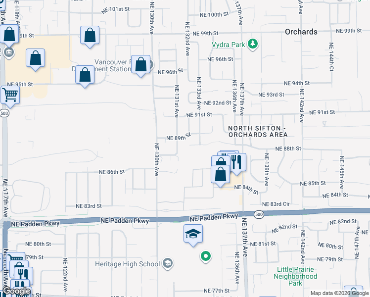 map of restaurants, bars, coffee shops, grocery stores, and more near 13204 Northeast 88th Circle in Vancouver