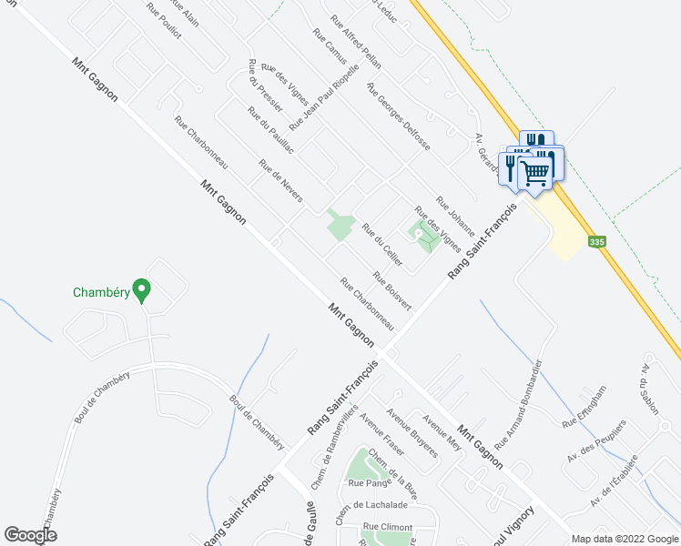 map of restaurants, bars, coffee shops, grocery stores, and more near 2335 Rue Charbonneau in Terrebonne