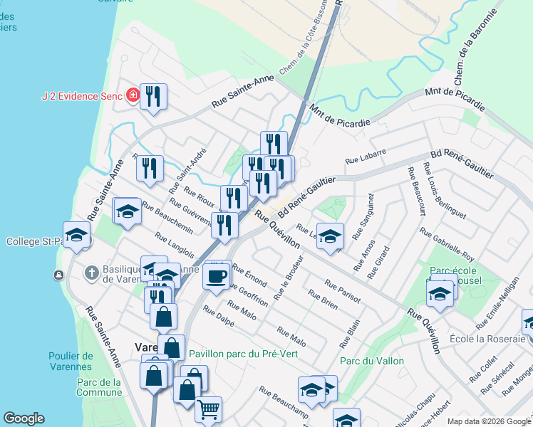 map of restaurants, bars, coffee shops, grocery stores, and more near 90 Rue Quévillon in Varennes
