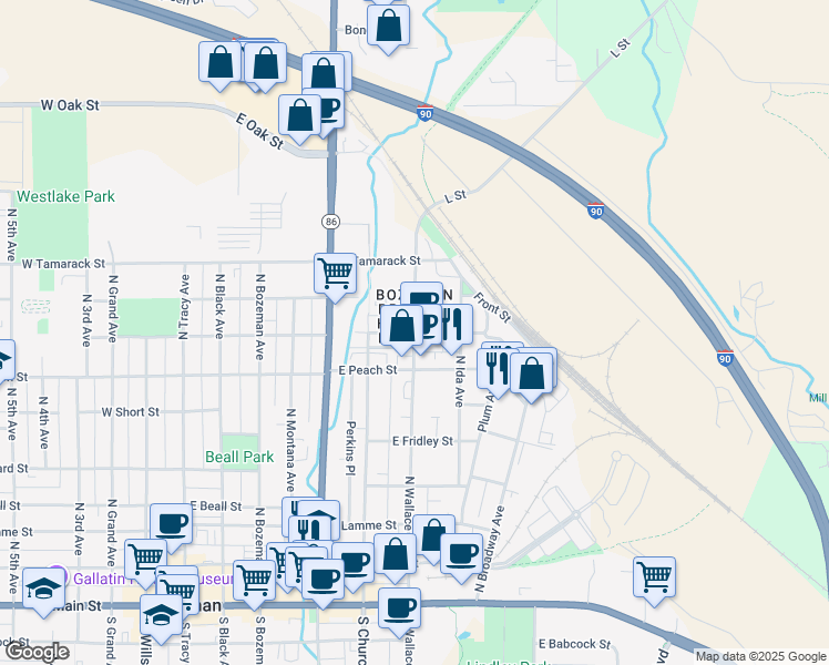 map of restaurants, bars, coffee shops, grocery stores, and more near 700 North Wallace Avenue in Bozeman