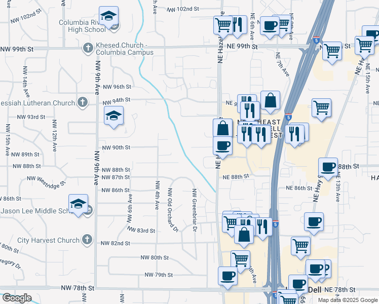 map of restaurants, bars, coffee shops, grocery stores, and more near 121 Northeast 90th Avenue in Vancouver