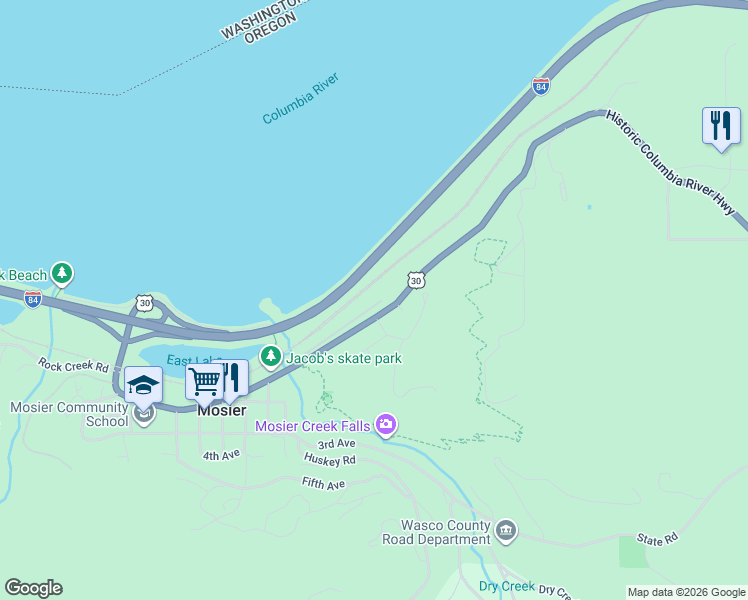 map of restaurants, bars, coffee shops, grocery stores, and more near Asher Street in Mosier