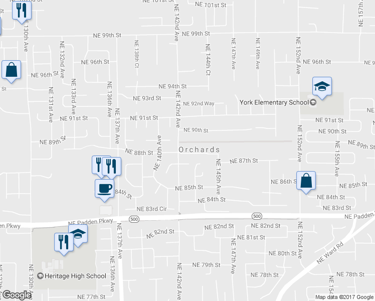 map of restaurants, bars, coffee shops, grocery stores, and more near 14218 Northeast 88th Street in Vancouver