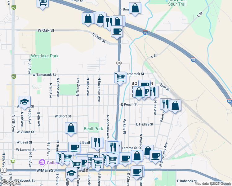 map of restaurants, bars, coffee shops, grocery stores, and more near 708 Montana 86 in Bozeman