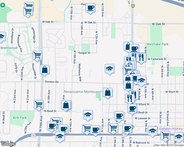 map of restaurants, bars, coffee shops, grocery stores, and more near 1215 Durston Road in Bozeman