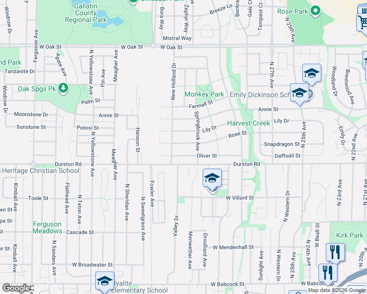 map of restaurants, bars, coffee shops, grocery stores, and more near 3176 Rose Street in Bozeman