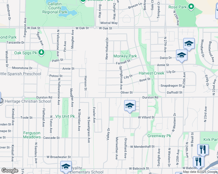 map of restaurants, bars, coffee shops, grocery stores, and more near 3176 Rose Street in Bozeman