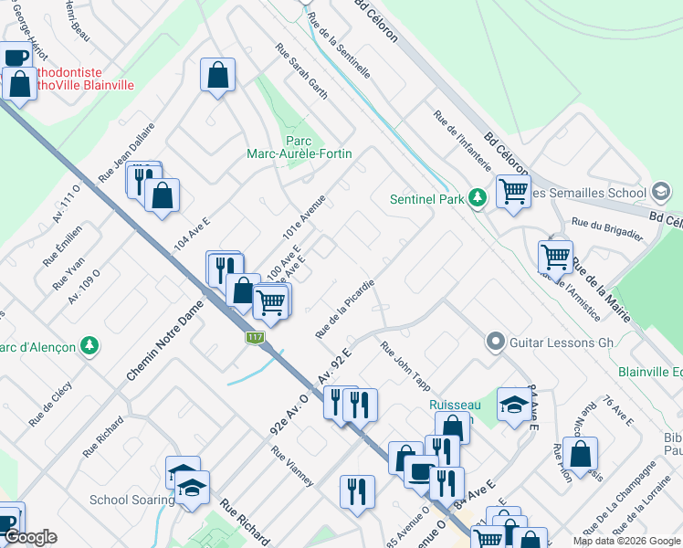 map of restaurants, bars, coffee shops, grocery stores, and more near 10 Rue du Berry in Blainville