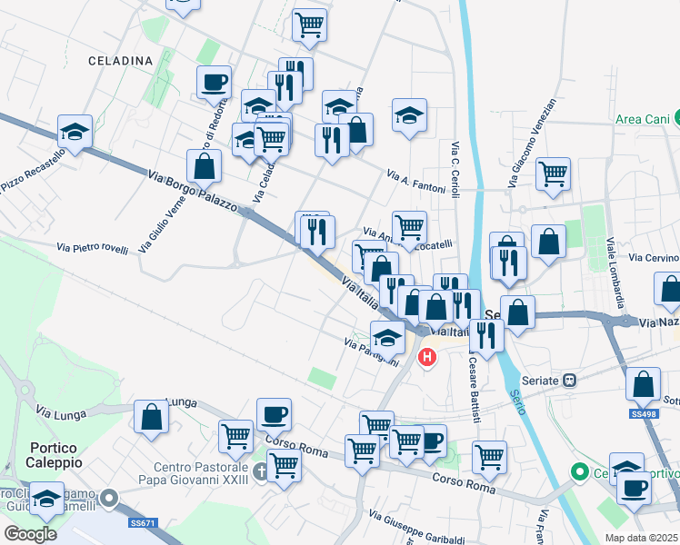 map of restaurants, bars, coffee shops, grocery stores, and more near 84 Via Italia in Seriate