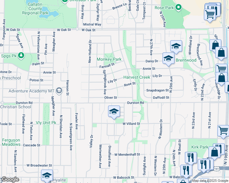 map of restaurants, bars, coffee shops, grocery stores, and more near 3022 Rose Street in Bozeman