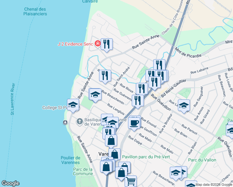 map of restaurants, bars, coffee shops, grocery stores, and more near 37 Rue Guévremont in Varennes