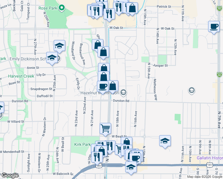 map of restaurants, bars, coffee shops, grocery stores, and more near 711 Blackmore Pl in Bozeman