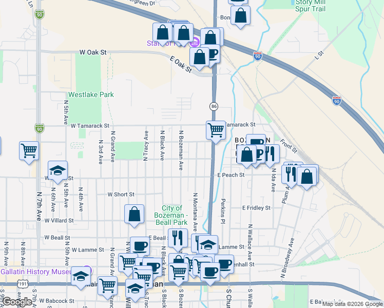 map of restaurants, bars, coffee shops, grocery stores, and more near 712 North Montana Avenue in Bozeman