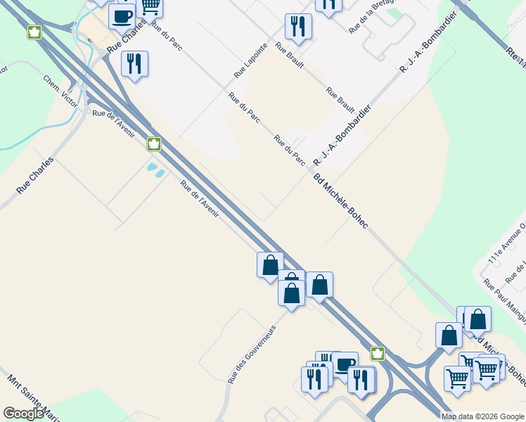 map of restaurants, bars, coffee shops, grocery stores, and more near 17999a Rue J.-A.-Bombardier in Mirabel