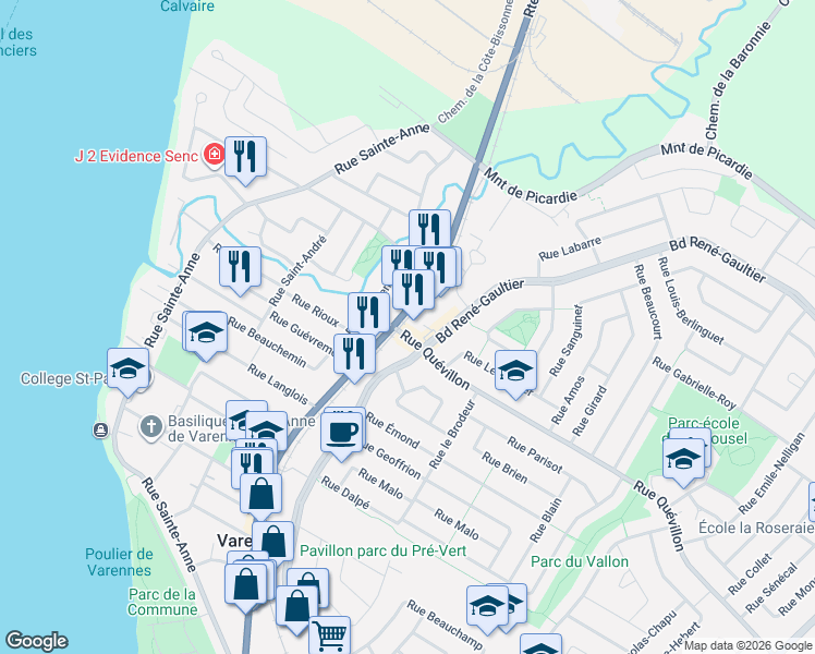 map of restaurants, bars, coffee shops, grocery stores, and more near 90 Rue Quévillon in Varennes