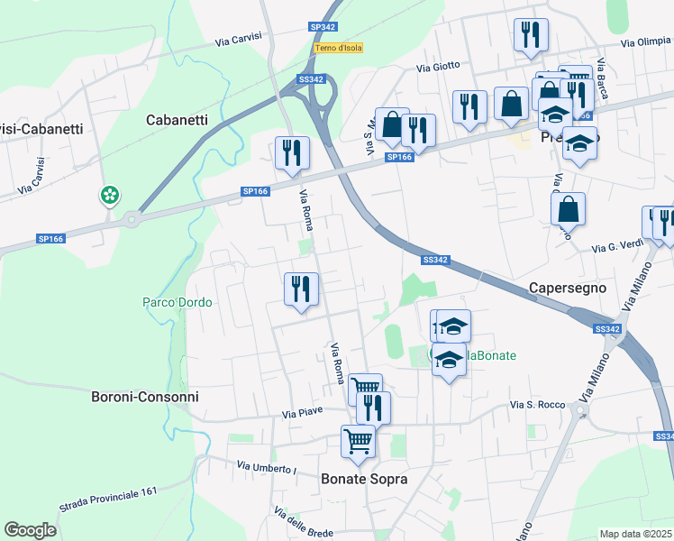 map of restaurants, bars, coffee shops, grocery stores, and more near 64 Via Don Carlo Mazzola in Bonate Sopra