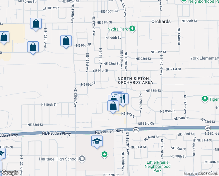 map of restaurants, bars, coffee shops, grocery stores, and more near 13505 Northeast 88th Circle in Vancouver