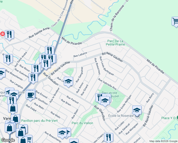 map of restaurants, bars, coffee shops, grocery stores, and more near 2187 Rue Amos in Varennes