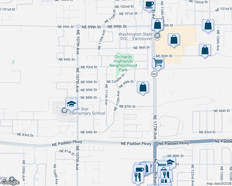 map of restaurants, bars, coffee shops, grocery stores, and more near 11120 Northeast 88th Circle in Vancouver