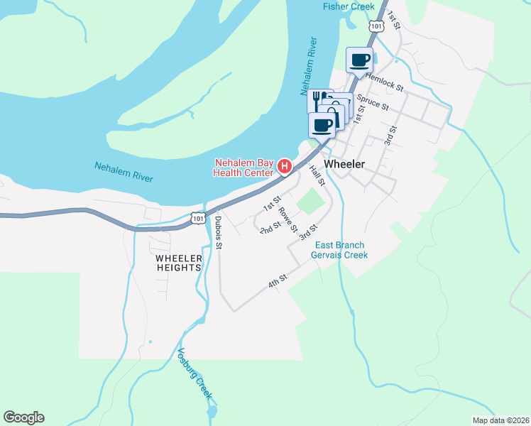 map of restaurants, bars, coffee shops, grocery stores, and more near Rowe Street in Wheeler