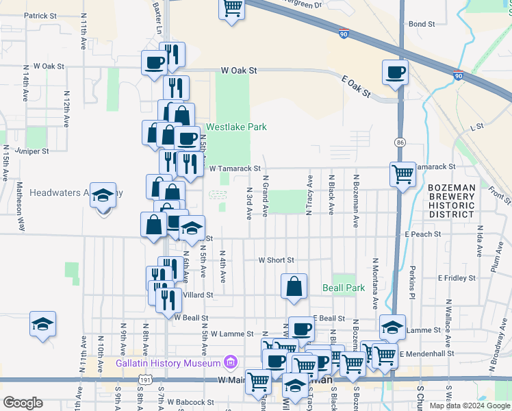 map of restaurants, bars, coffee shops, grocery stores, and more near 705 North Grand Avenue in Bozeman