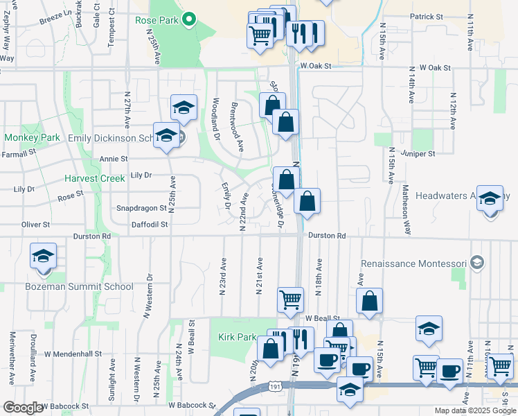 map of restaurants, bars, coffee shops, grocery stores, and more near 2135 Charlotte Street in Bozeman
