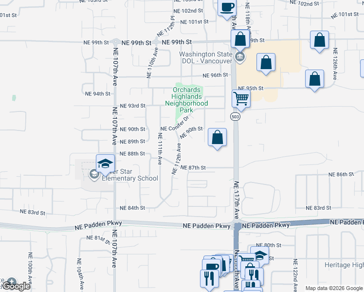 map of restaurants, bars, coffee shops, grocery stores, and more near 8805 NE 112th Ave in Vancouver