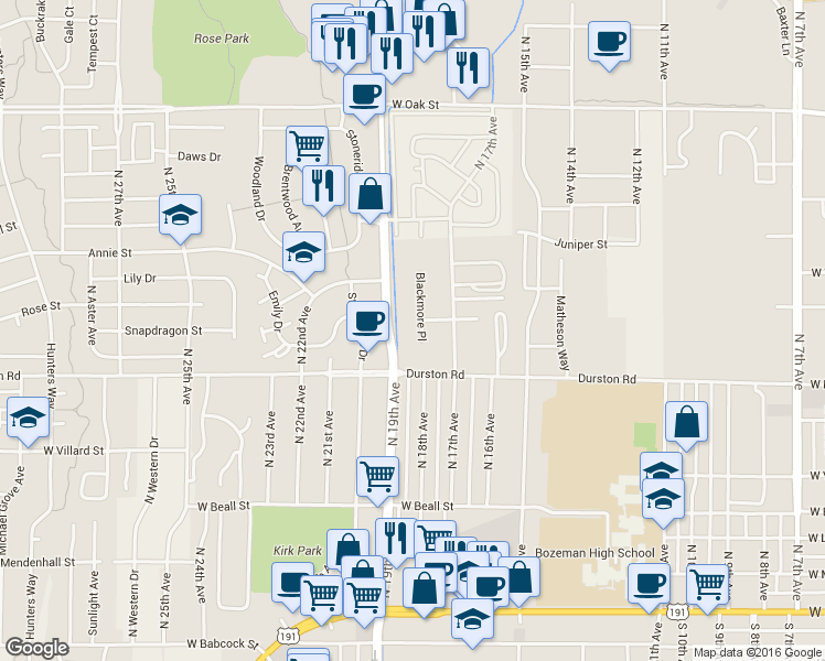 map of restaurants, bars, coffee shops, grocery stores, and more near 711 Blackmore Pl in Bozeman