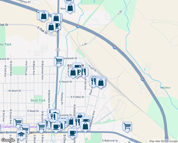 map of restaurants, bars, coffee shops, grocery stores, and more near 667 Plum Avenue in Bozeman