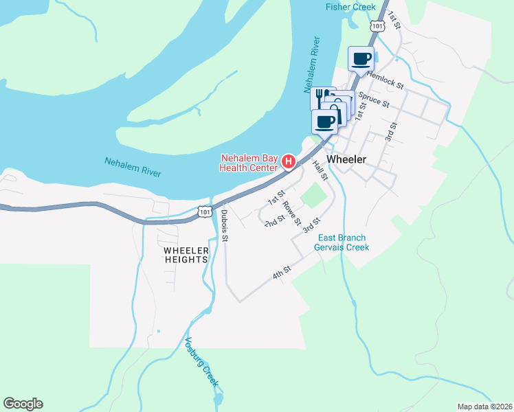 map of restaurants, bars, coffee shops, grocery stores, and more near 1150 1st St in Wheeler