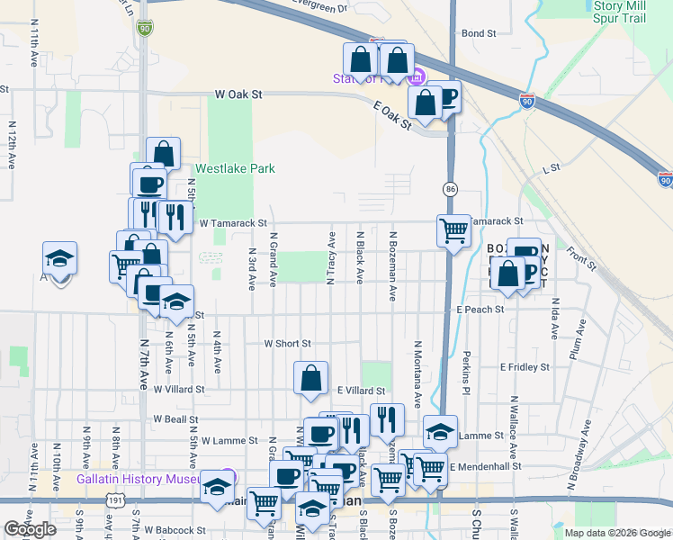 map of restaurants, bars, coffee shops, grocery stores, and more near 714 North Tracy Avenue in Bozeman