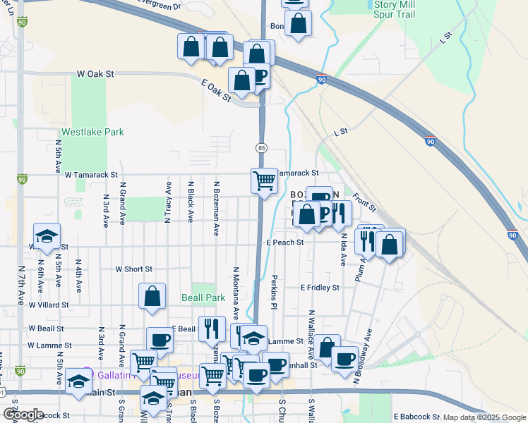 map of restaurants, bars, coffee shops, grocery stores, and more near 708 Montana 86 in Bozeman