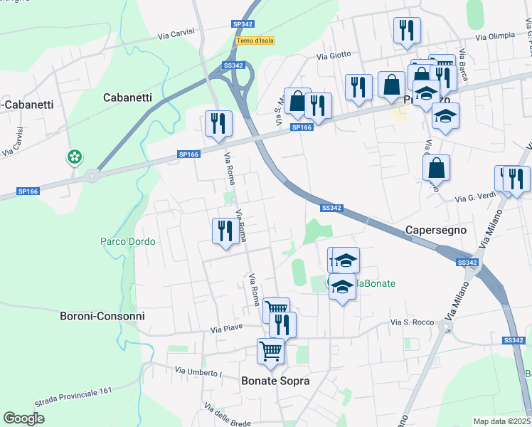 map of restaurants, bars, coffee shops, grocery stores, and more near 64 Via Don Carlo Mazzola in Bonate Sopra