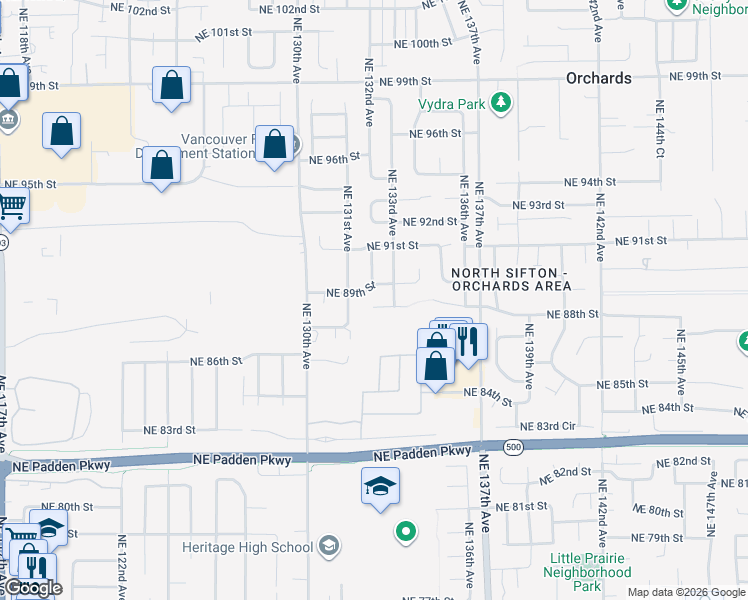 map of restaurants, bars, coffee shops, grocery stores, and more near 13204 Northeast 88th Circle in Vancouver