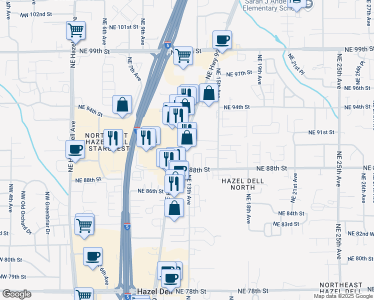 map of restaurants, bars, coffee shops, grocery stores, and more near 1218 Northeast 88th Street in Vancouver