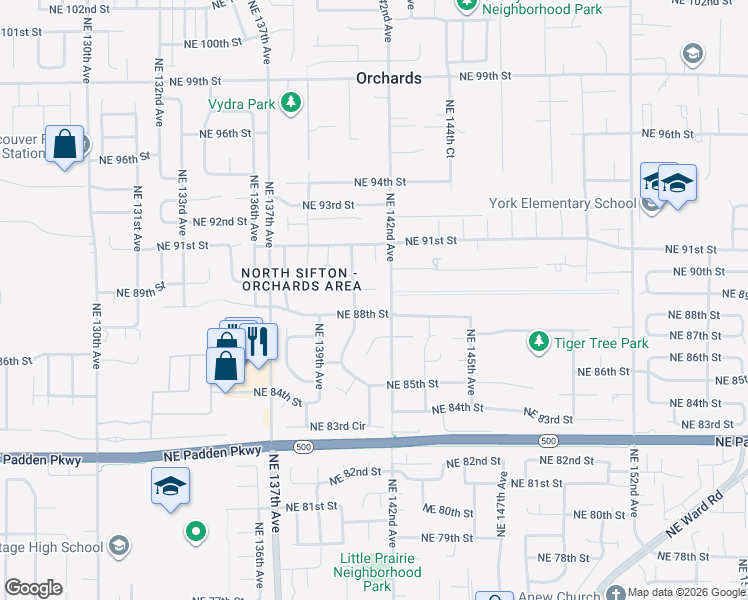 map of restaurants, bars, coffee shops, grocery stores, and more near 14005 Northeast 89th Circle in Vancouver