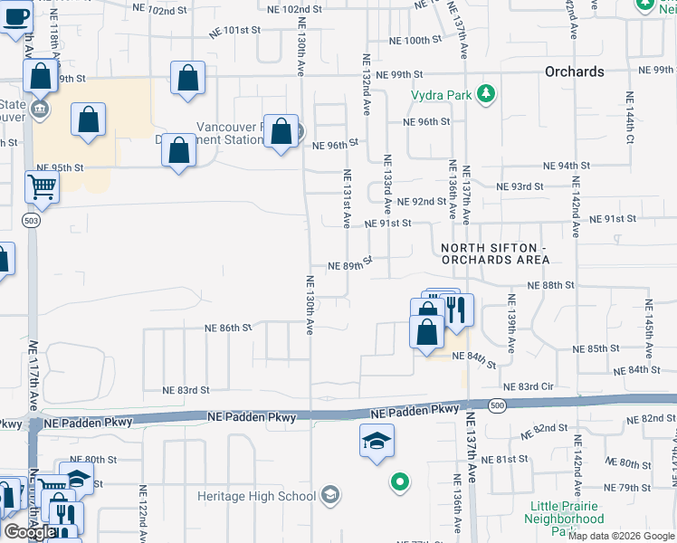 map of restaurants, bars, coffee shops, grocery stores, and more near 13017 Northeast 89th Street in Vancouver
