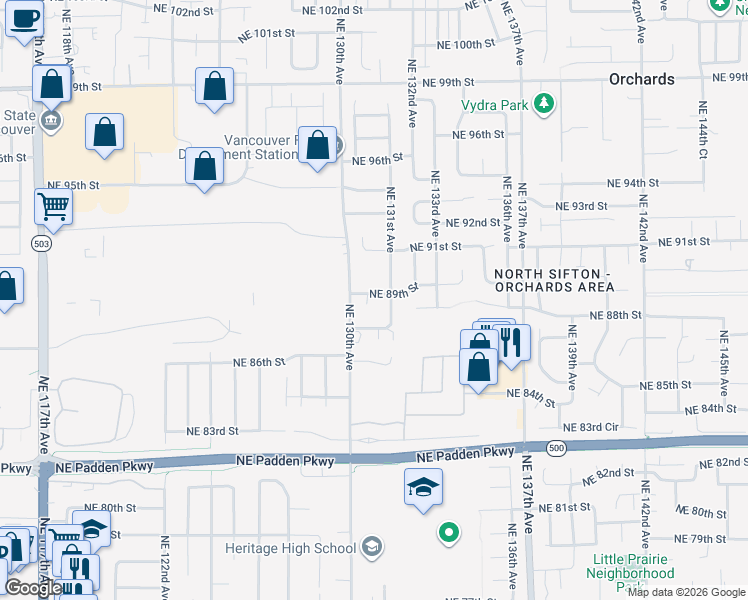 map of restaurants, bars, coffee shops, grocery stores, and more near 13017 Northeast 89th Street in Vancouver