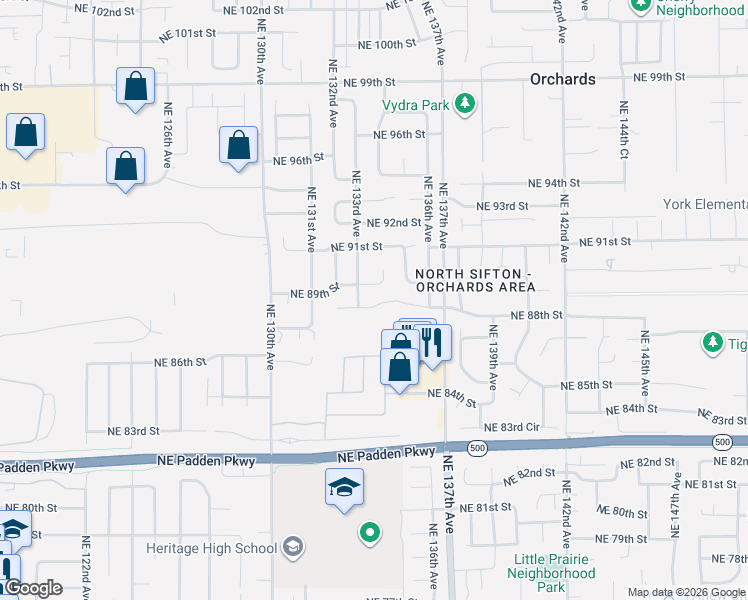 map of restaurants, bars, coffee shops, grocery stores, and more near 13310 Northeast 88th Circle in Vancouver