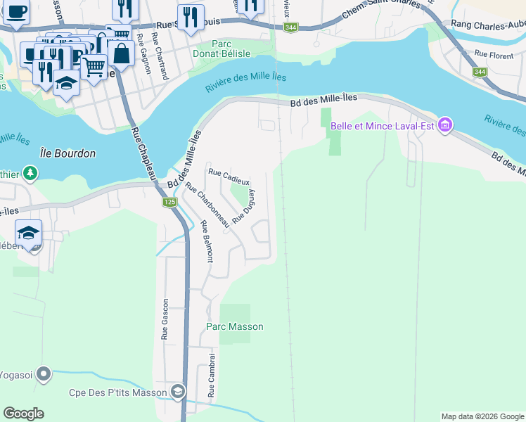 map of restaurants, bars, coffee shops, grocery stores, and more near 4165 Rue Doublet in Laval