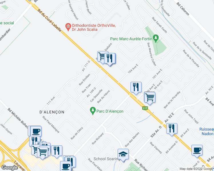 map of restaurants, bars, coffee shops, grocery stores, and more near 1341 Rue de Lisieux in Blainville