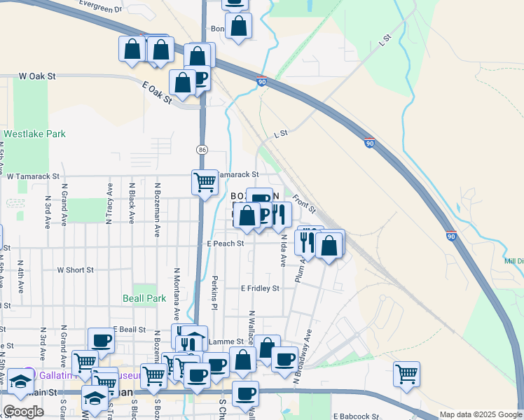 map of restaurants, bars, coffee shops, grocery stores, and more near 700 North Wallace Avenue in Bozeman