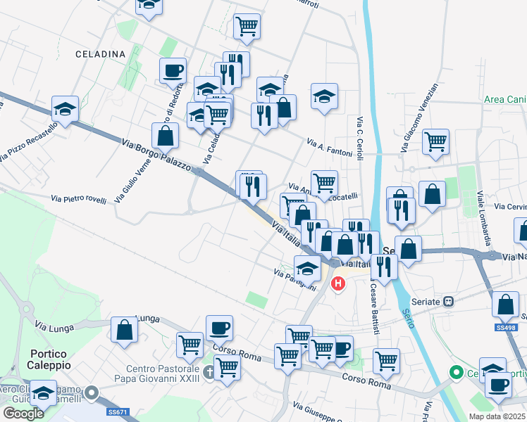 map of restaurants, bars, coffee shops, grocery stores, and more near 84 Via Italia in Seriate