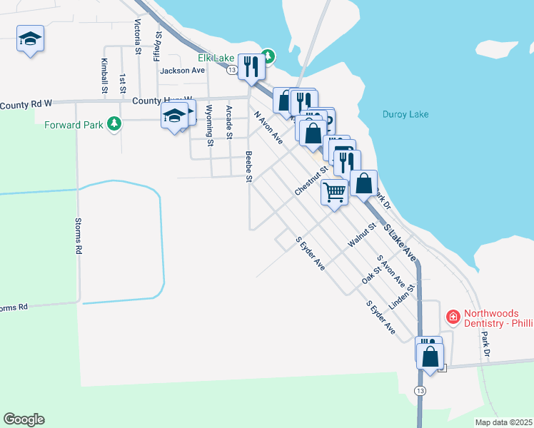map of restaurants, bars, coffee shops, grocery stores, and more near 104 North Eyder Avenue in Phillips