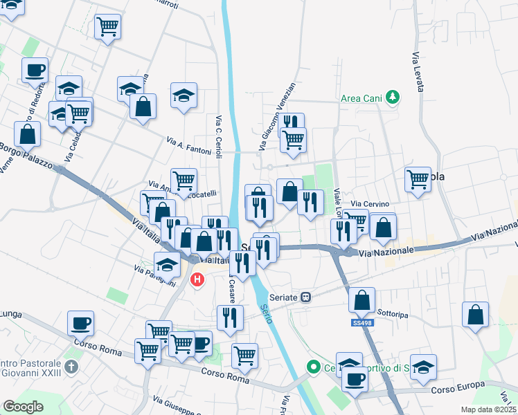 map of restaurants, bars, coffee shops, grocery stores, and more near 19 Via Giacomo Venezian in Seriate
