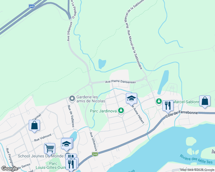 map of restaurants, bars, coffee shops, grocery stores, and more near 850 Avenue Pierre-Dansereau in Terrebonne