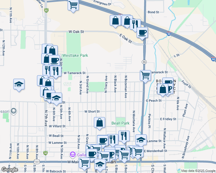 map of restaurants, bars, coffee shops, grocery stores, and more near 714 North Tracy Avenue in Bozeman